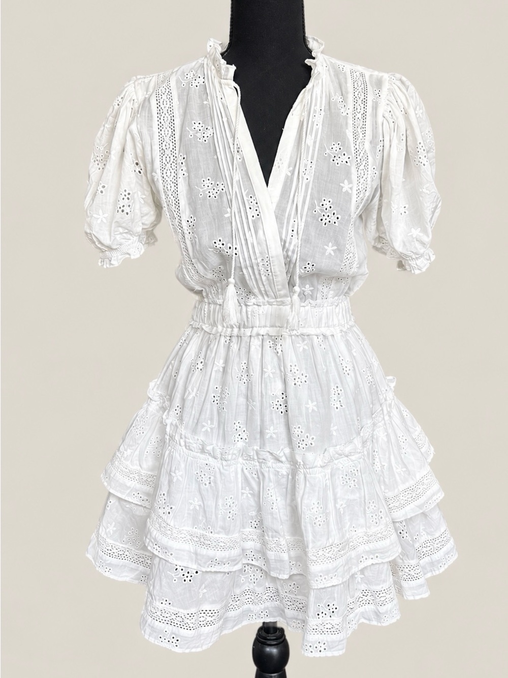 MABLE White Eyelet Cotton Tiered Mini Dress Anthropologie Boho S